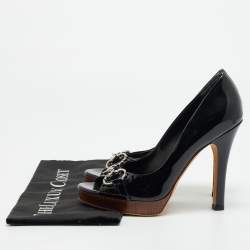 مملوكة مسبقًا Gucci Horsebit Size 37.5 Black Patent Leather Peep Toe Pumps