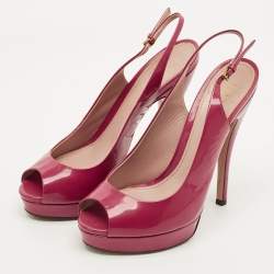 مملوكة مسبقًا حذاء كعب عالي غوتشي أزرق لامع مفتوح من الأمام بحزام خلفي مقاس 40.5