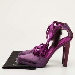 مملوكة مسبقًا Gucci Size 40 Purple Velvet and Mink Fur Ankle Strap Sandals