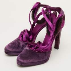 مملوكة مسبقًا Gucci Size 40 Purple Velvet and Mink Fur Ankle Strap Sandals
