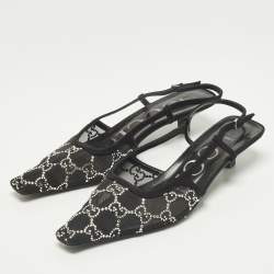 Pre Owned Gucci Size 36.5 Black Mesh and Suede Crystal Embellished Slingback Pumps