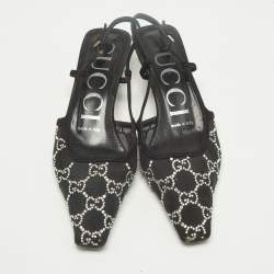 Pre Owned Gucci Size 36.5 Black Mesh and Suede Crystal Embellished Slingback Pumps
