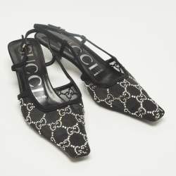 Pre Owned Gucci Size 36.5 Black Mesh and Suede Crystal Embellished Slingback Pumps