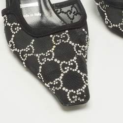 Pre Owned Gucci Size 36.5 Black Mesh and Suede Crystal Embellished Slingback Pumps