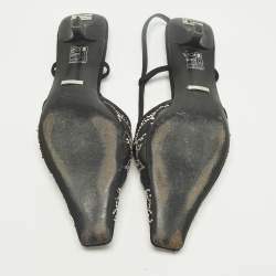 Pre Owned Gucci Size 36.5 Black Mesh and Suede Crystal Embellished Slingback Pumps
