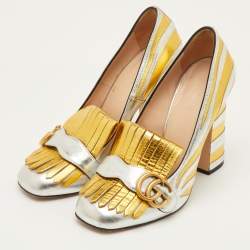 مملوكة مسبقًا Gucci GG Marmont Size 38 Silver/Gold Fringed Leather Block Heel Pumps