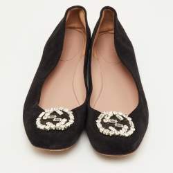 مملوكة مسبقًا Gucci Interlocking G Size 40.5 Black Crystal Embellished Suede Ballet Flats