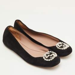 مملوكة مسبقًا Gucci Interlocking G Size 40.5 Black Crystal Embellished Suede Ballet Flats
