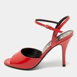 Pre Owned Gucci Size 37 Red Patent Leather Open Toe Ankle Strap Sandals