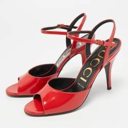 Pre Owned Gucci Size 37 Red Patent Leather Open Toe Ankle Strap Sandals