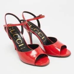 Pre Owned Gucci Size 37 Red Patent Leather Open Toe Ankle Strap Sandals