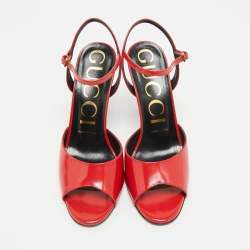 Pre Owned Gucci Size 37 Red Patent Leather Open Toe Ankle Strap Sandals
