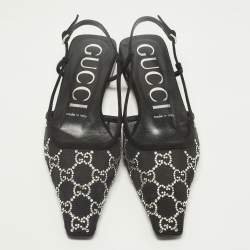 Pre Owned حذاء كعب عالي غوتشي سويد وأسود وشبك مزين بالكريستال بكعب مفتوح من الخلف مقاس 37