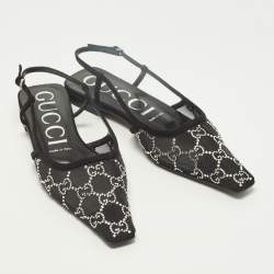 Pre Owned حذاء كعب عالي غوتشي سويد وأسود وشبك مزين بالكريستال بكعب مفتوح من الخلف مقاس 37