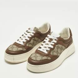 Pre Owned Gucci Chunky B Size 38.5 Brown GG Canvas and Leather Lace Up Sneakers