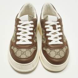 Pre Owned Gucci Chunky B Size 38.5 Brown GG Canvas and Leather Lace Up Sneakers