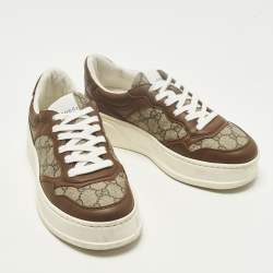Pre Owned Gucci Chunky B Size 38.5 Brown GG Canvas and Leather Lace Up Sneakers
