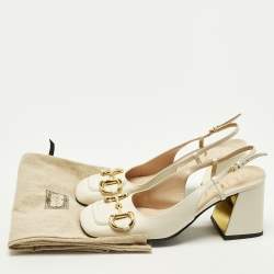 Pre Owned حذاء كعب عالي غوتشي هورسبيت جلد بلون الكريم مع حزام خلفي وكعب عريض مقاس 38