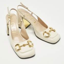 Pre Owned حذاء كعب عالي غوتشي هورسبيت جلد بلون الكريم مع حزام خلفي وكعب عريض مقاس 38