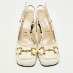 Pre Owned حذاء كعب عالي غوتشي هورسبيت جلد بلون الكريم مع حزام خلفي وكعب عريض مقاس 38