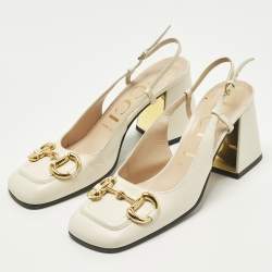 Pre Owned حذاء كعب عالي غوتشي هورسبيت جلد بلون الكريم مع حزام خلفي وكعب عريض مقاس 38