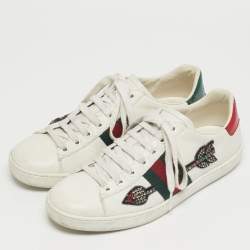 مملوكة مسبقًا Gucci Ace Web Size 38 White Snakeskin Embossed and Leather Lace Up Sneakers