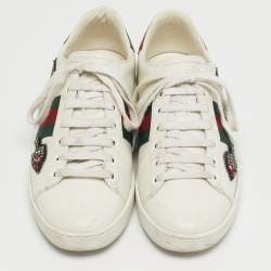 مملوكة مسبقًا Gucci Ace Web Size 38 White Snakeskin Embossed and Leather Lace Up Sneakers