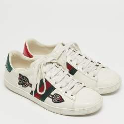 مملوكة مسبقًا Gucci Ace Web Size 38 White Snakeskin Embossed and Leather Lace Up Sneakers