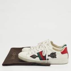 مملوكة مسبقًا Gucci Ace Web Size 38 White Snakeskin Embossed and Leather Lace Up Sneakers
