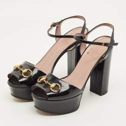 Pre Owned Gucci Claudie Size 38 Black Patent Leather Ankle Strap Sandals