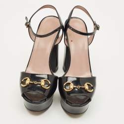 Pre Owned Gucci Claudie Size 38 Black Patent Leather Ankle Strap Sandals