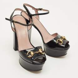 Pre Owned Gucci Claudie Size 38 Black Patent Leather Ankle Strap Sandals