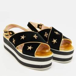 Pre Owned صندل غوتشي كت أوت جلد أسود بكعب روكي مقاس 37