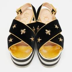 Pre Owned صندل غوتشي كت أوت جلد أسود بكعب روكي مقاس 37