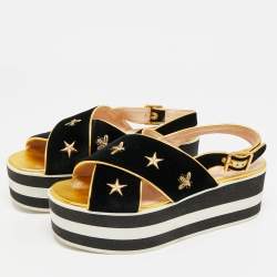 Pre Owned صندل غوتشي كت أوت جلد أسود بكعب روكي مقاس 37