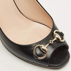 مملوكة مسبقًا حذاء كعب عالي غوتشي هورسيبت جلد أسود مقدمة مفتوحة مقاس 37.5