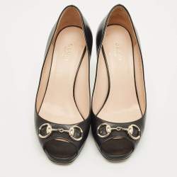 مملوكة مسبقًا حذاء كعب عالي غوتشي هورسيبت جلد أسود مقدمة مفتوحة مقاس 37.5