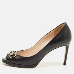 مملوكة مسبقًا حذاء كعب عالي غوتشي هورسيبت جلد أسود مقدمة مفتوحة مقاس 37.5