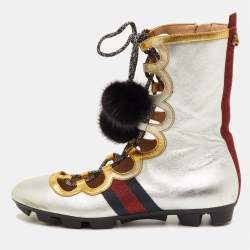 مملوكة مسبقًا Gucci Silver/Gold Leather Titan Gladiator Lace Up Sneakers Size 38