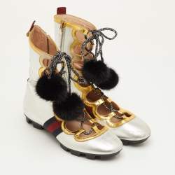 مملوكة مسبقًا Gucci Silver/Gold Leather Titan Gladiator Lace Up Sneakers Size 38