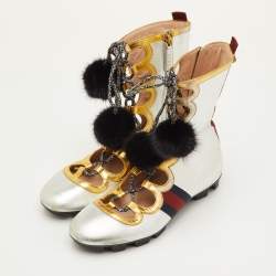 مملوكة مسبقًا Gucci Silver/Gold Leather Titan Gladiator Lace Up Sneakers Size 38