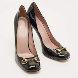 Pre Owned حذاء كعب عالي غوتشي "جولين" مزين هورسبت ومقدمة مربعة جلد لامع أسود مقاس 39