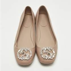 Pre Owned حذاء باليرينا غوتشي جلد سويدي أسود مرصع بالكريستال شعار GG مقاس 37.5