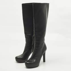 Pre Owned Gucci Size 40 Black Leather Platform Knee Length Boots