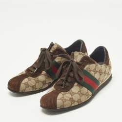 Pre Owned Gucci Web Size 37 Dark Brown/Beige GG Canvas and Suede Low Top Sneakers