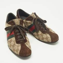 Pre Owned Gucci Web Size 37 Dark Brown/Beige GG Canvas and Suede Low Top Sneakers