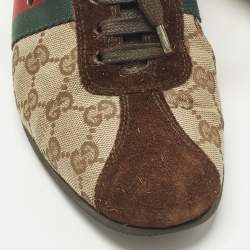 Pre Owned Gucci Web Size 37 Dark Brown/Beige GG Canvas and Suede Low Top Sneakers