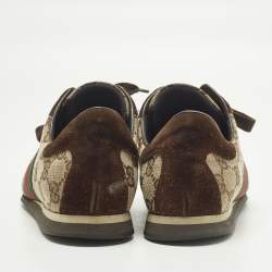 Pre Owned Gucci Web Size 37 Dark Brown/Beige GG Canvas and Suede Low Top Sneakers