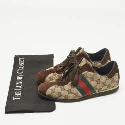 Pre Owned Gucci Web Size 37 Dark Brown/Beige GG Canvas and Suede Low Top Sneakers