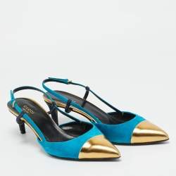 مملوكة مسبقًا Gucci Size 40 Tricolor Leather and Suede Cap Toe Slingback Pumps